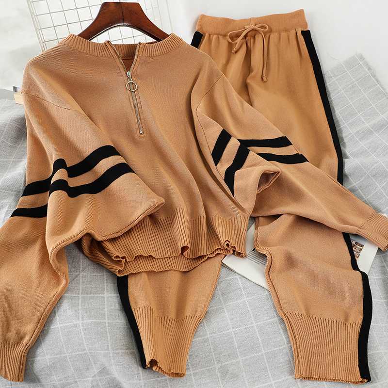 

CBAFU Striped Print Tracksuit Women Ring Zipper Knitted Jacket Pullovers + Elastic Waist Trousers Two Piece Set Casual 2020 F515, Picture color