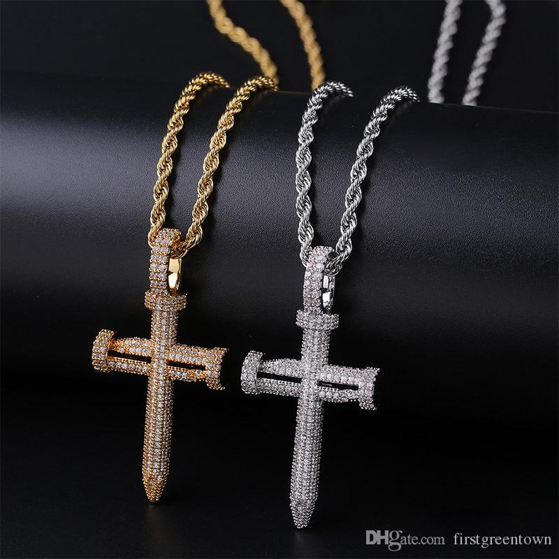 

Nail Shape Cross Full Zircon Men's Hiphop Pendant Necklace Gold-plated Silver-plated Brass Pendant Hot Selling In Europe and America