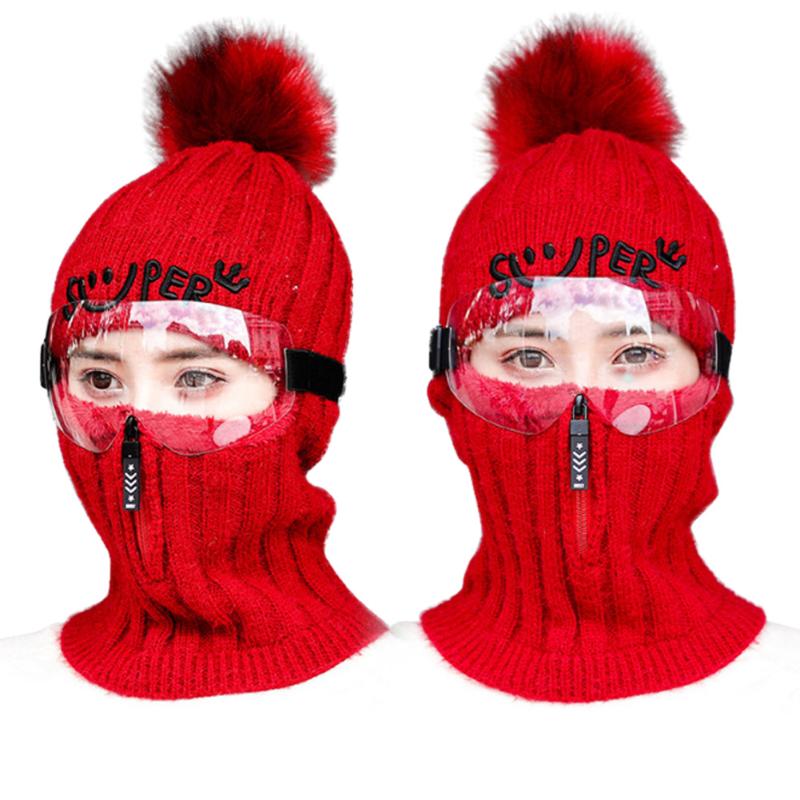

Women Knitting Hat Cap Beanie Scarf with Goggle Warm for Winter Outdoor Cycling -MX8, As shown