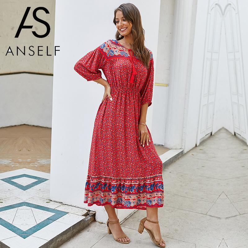 

Casual Boho Dress Women Color Block Floral Print V Neck 3/4 Sleeve High Waist Tied Maxi Dress Elegant Women' Summer Sundress, Black