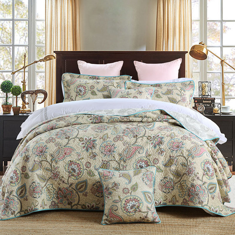 

Paisley Print Bedspreads Quilt Set 3-piece Quilted Bedding Cotton Quilts Bed Cover  Queen Size Coverlet Summer Blanket, Beige