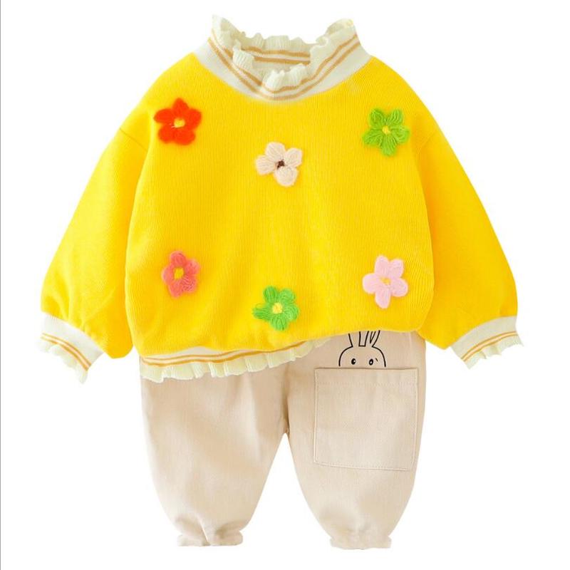 

2020 New Baby Girls Clothing Sets Long Sleeves Flowers Tops+ Pants 2Pcs suit Children spring autumn Girls Clothes, As picture