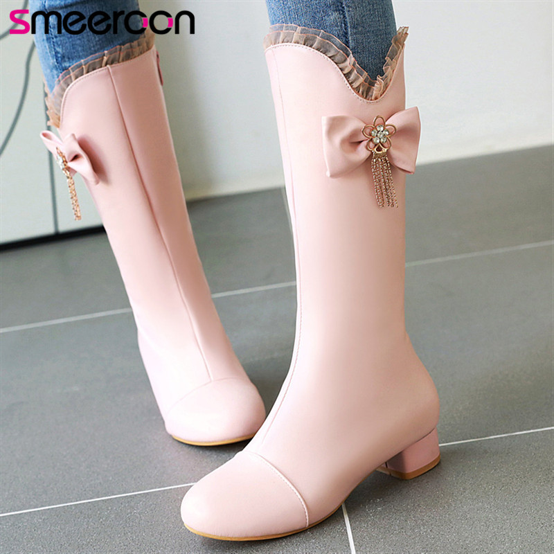 

Smeeroon 2020 winter boots female black round toe shoes butterfly knot women's knee high boots hot sale ladies fashion