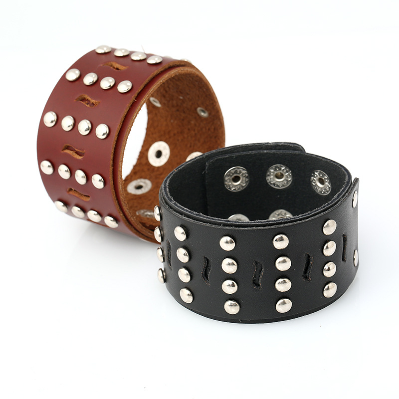 

Black/Brown Real Genuine Leather Rivets Hollow Leaf 4CM 1.57" Wide Alloy Buckle Bracelets Bangles Unisex Jewelry for Women Men