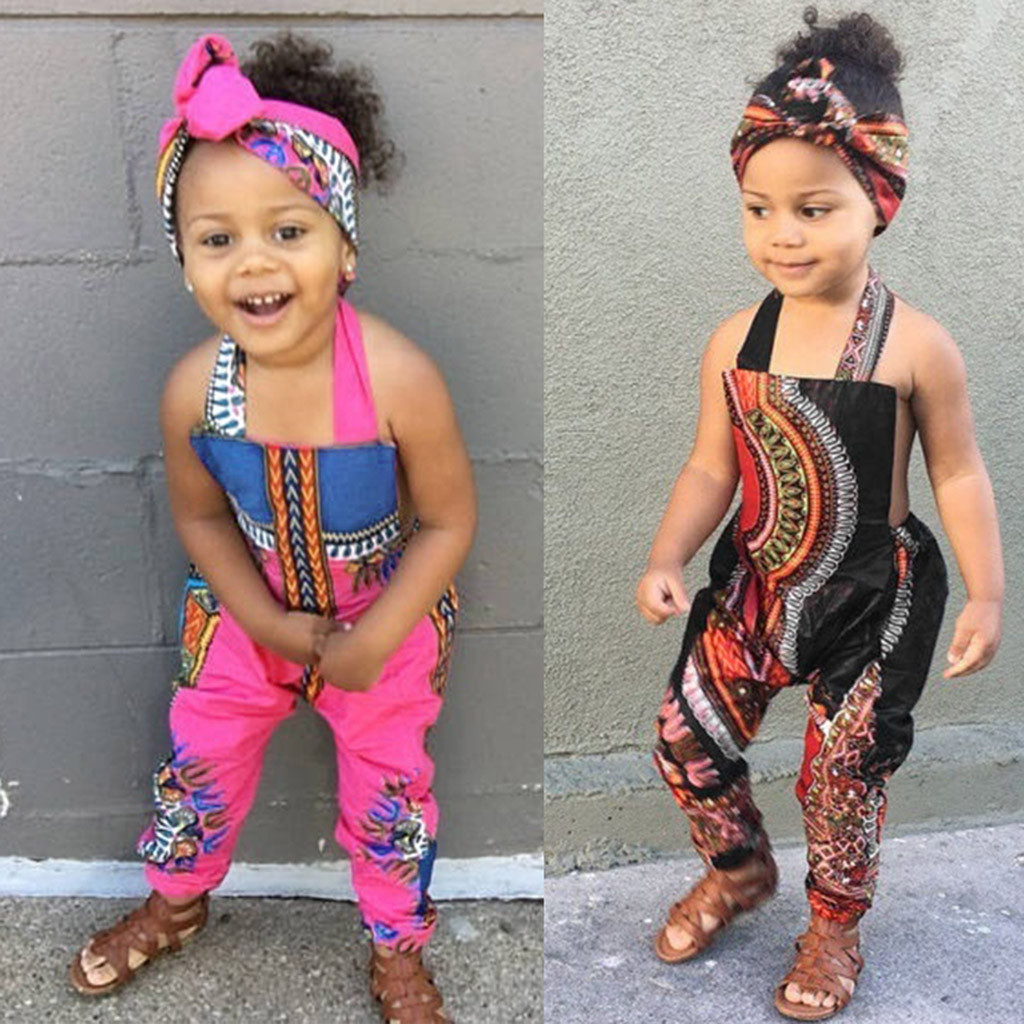 

Toddler Kid Baby Girls Clothes Cotton Casual African Print Sleeveless Vest Strap Tops Romper Hair Band Jumpsuit Clothe Summer