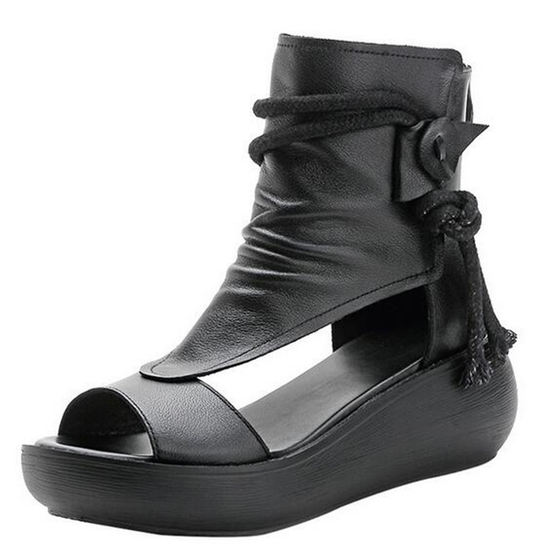 

100% Genuine Leather Summer Women Sandals 2020 New Fish Mouth High-top Increased Wedge Sandals Ankle Boots Fashion Shoes, Dark brown
