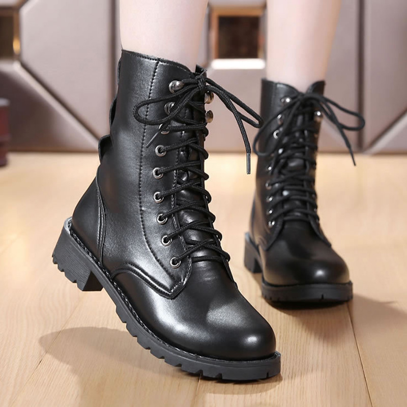 

Boots Lederen Laarzen Vrouwen Enkellaars Motocycle Vrouwelijke Schoenen Herfst Lace Up Winter Motorlaarzen Nieuwe Britse Stijl, Black without buckle