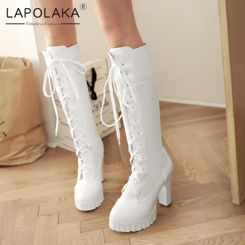 

Lapolaka 2020 New Fashion Big Size 43 Platform Black White Warm Winter Boots Woman Shoes Chunky Heels Lace Up Mid Calf Boots, White thin fur