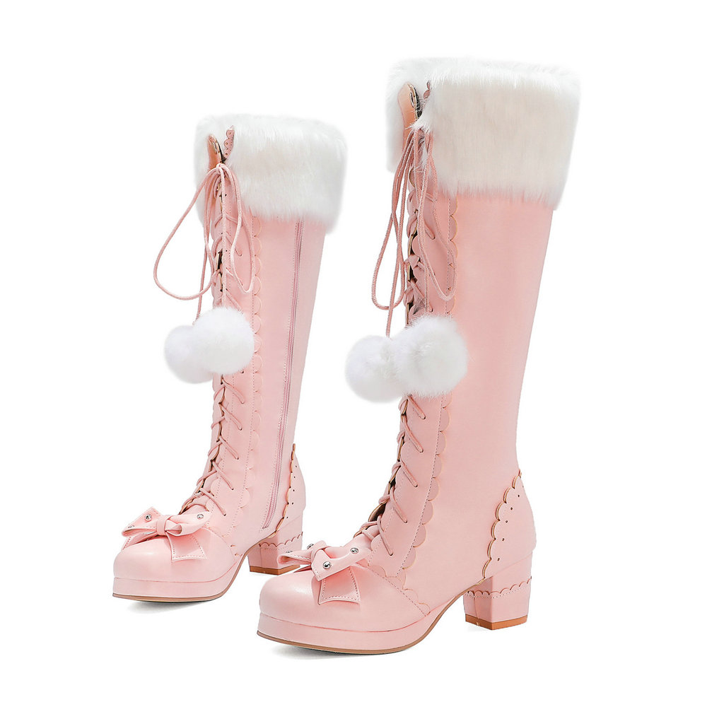 

Lolita High Boots Winter Warm Fur Neck Girls Cosplay Party JK Princess Shoes Lace Up Bowtie Chunky Heel Side Zipper PU Leather, White