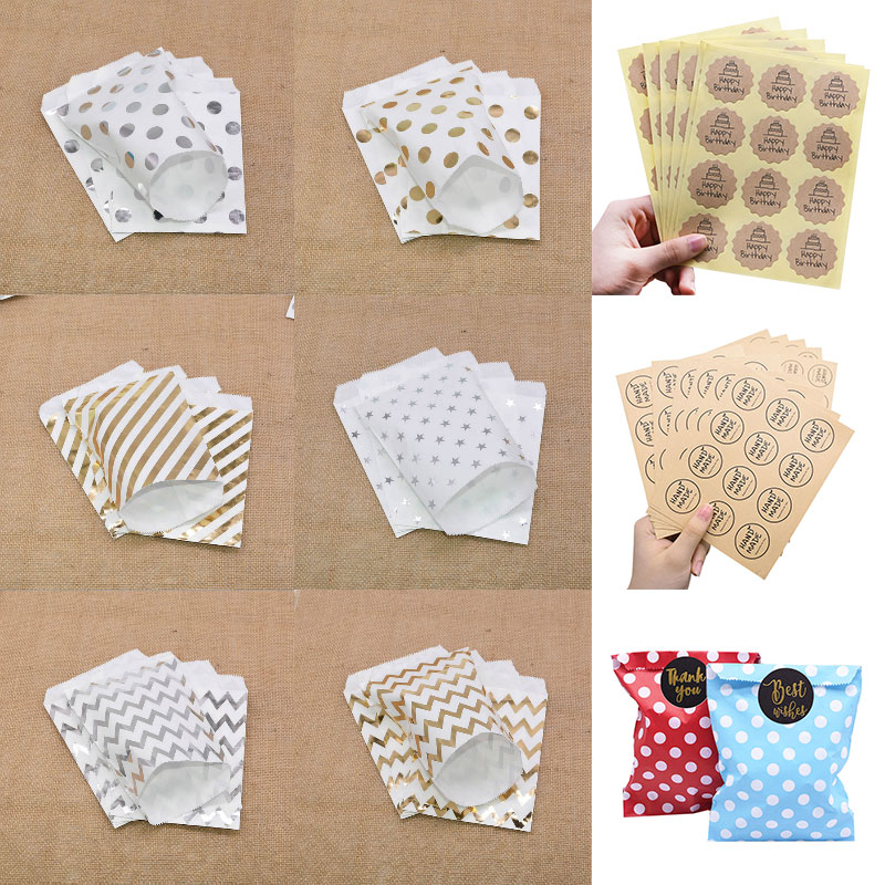 

25pc Kraft Paper Bag Striped Candy Bag DIY Paper Bags For Gifts Happy Birthday Thank you Gift Label Stickers Wedding Party Favor