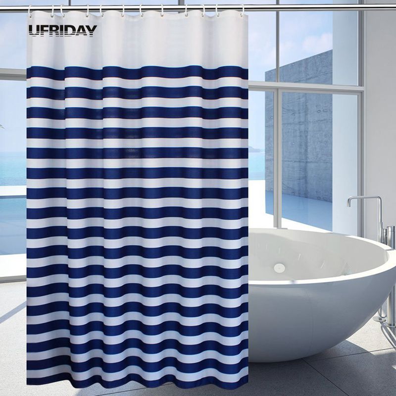 

UFRIDAY Plastic Shower Curtain Nautical Stripes Waterproof Bathroom Curtain Navy Blue Stripes Ocean Waves Bath with Hook