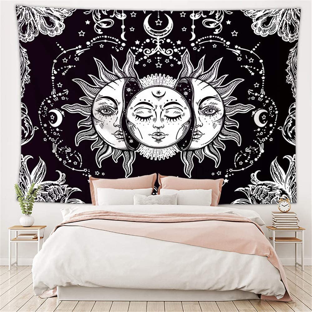 

Tapestry Black and White Wall Hanging Sun and Moon Psychedelic Star Tarot Tapestries Indian Mandala Bohemian Hippy Beach Throw Blanket 200x1