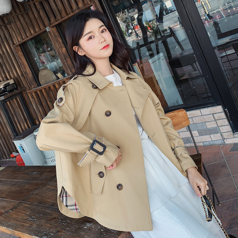

new solid color long sleeve short trench coat ladies fashion sweet turn down collar jacket female college style over coat D38, Tan;black