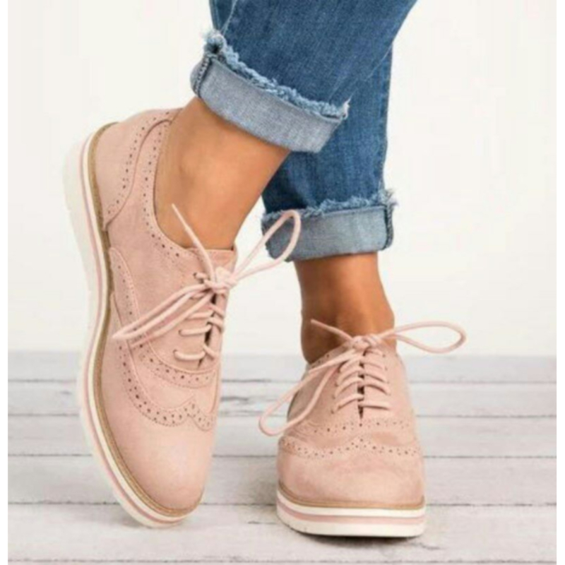 

New Autumn Women Sneakers Oxford Shoes Leather Suede Lace up Boat Shoes Round Toe Moccasins Single Square Heel, Brown