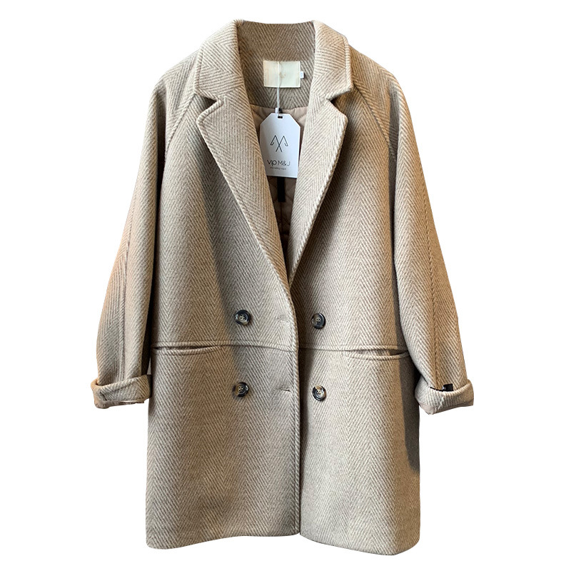 

Women Autumn winter Jacket 2020 New Loose High quality Woolen coat Khaki gray lapel Solid color Female Woolen Jacket OK012
