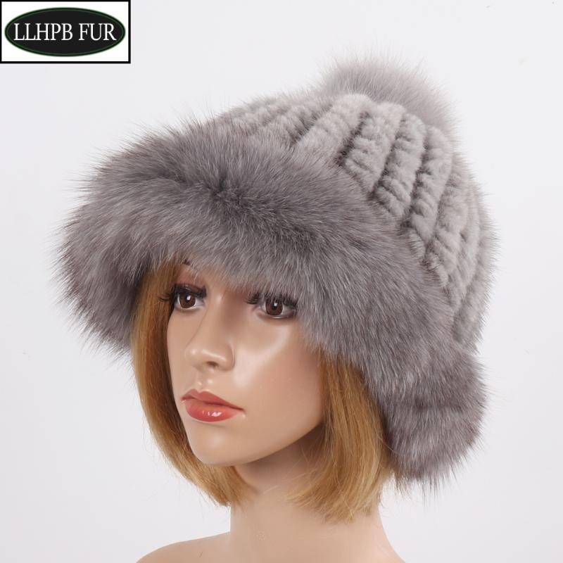 

New Style Russia Women Winter Real Fur Hat Lady Luxury Knitted Real Caps Warm 100% Natural And Fur Hats, Black