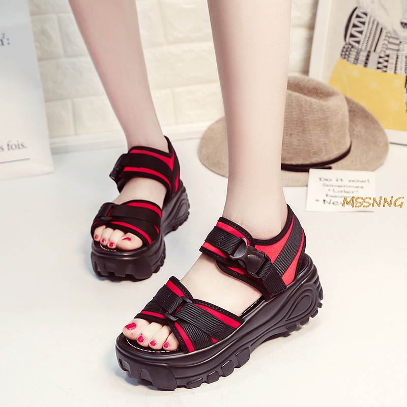 

2020 Summer New Women's Sandals Fashion Mixed Color Buckle Strap Wedges Ladies Shoes Thick Bottom Peep Toe Women's Sandals, Black