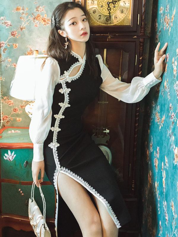 

Luxurious French retro Chinese styleLace sexy Slim Seven-quarter sleeve party dress evening dress Chinese Style