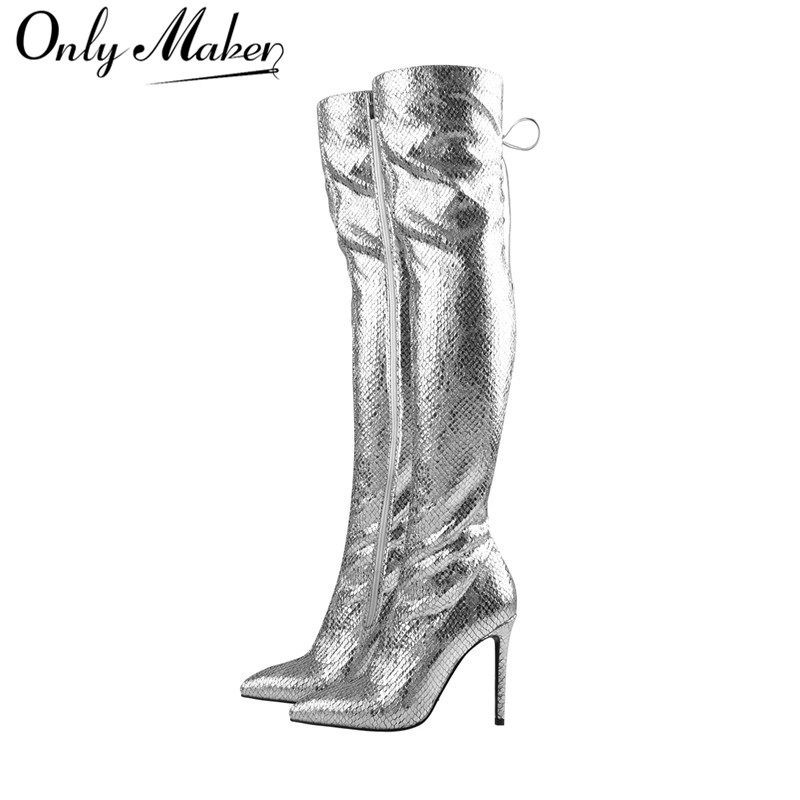 

Onlymaker Women Pointed Toe Metallic Silver Over the Knee Boots Thin High Heel Slim Heel Side Zip Glitter Fashion Long Boots, P90729a