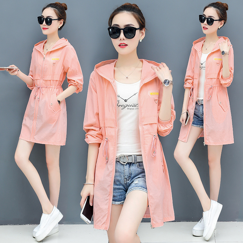 

#3559 Pink Blue White Womens Jackets And Coats Long Thin Drawstring Waist Sunscreen Jacket With Hood Letter Printed Long Coat