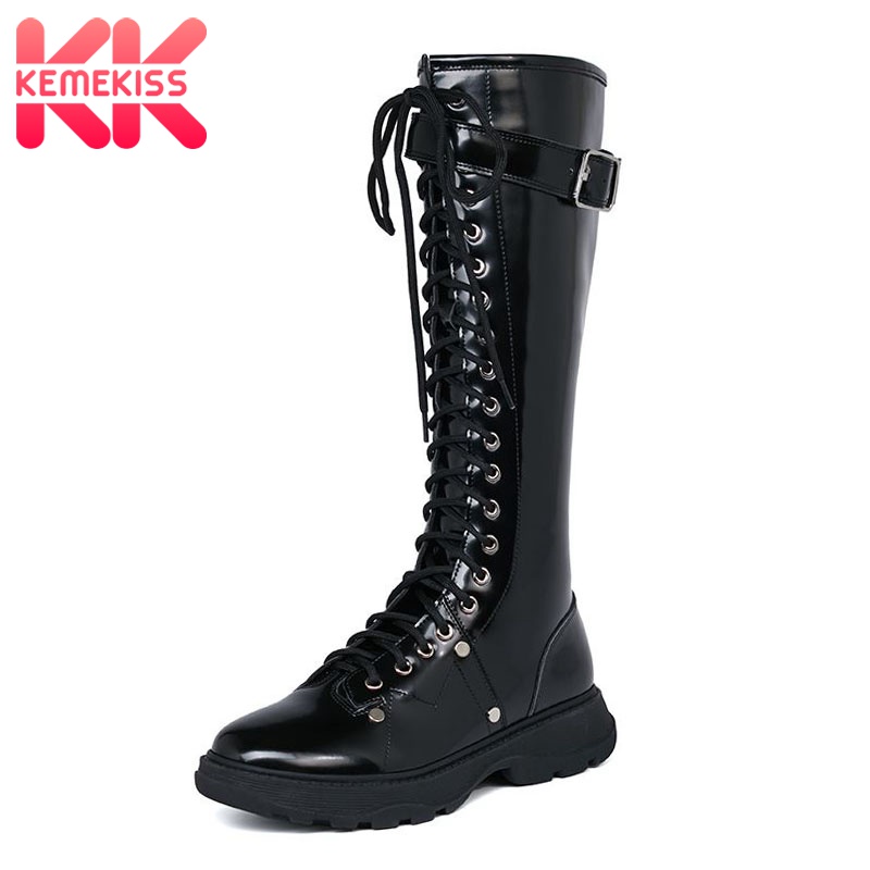 

KemeKiss New Fashion Women Knee High Boots Round Toe Zipper Cross Strap Punk Style Flat Heel Shoes Outdoor Footwear Size 34-39, Black
