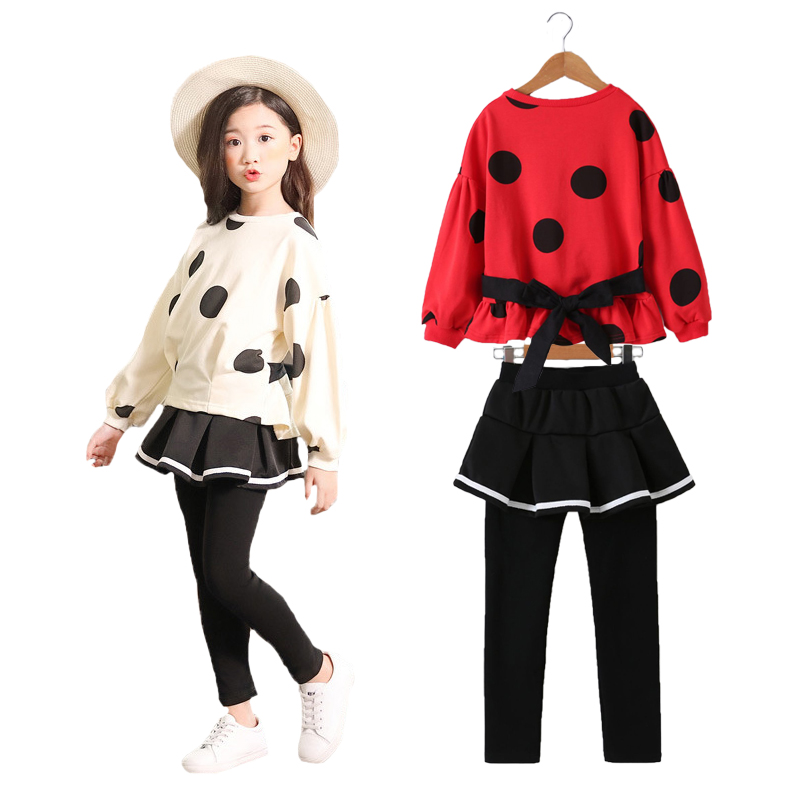 

Girls Clothing Sets Spring Dot Pattern Cotton Long Sleeve Shirt+Skinny Skirt Design Pants Kids Suit High-quality Clothing Set, St020-black