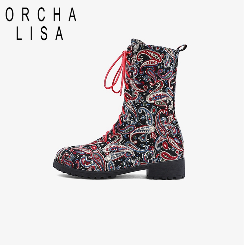 

ORCHA LISA colorful Mid-Calf boots Round toe flat Fabric Cross-tied Lace-up Prints Big size 33-46 Blue Yellow Black Casual C1980