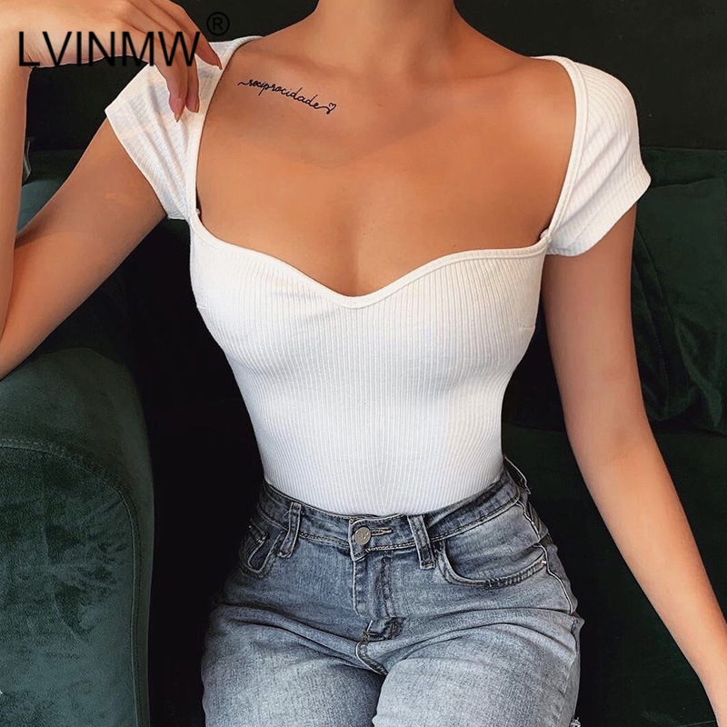 

LVINMW Sexy Solid Color Knitted Elastic Slim Tops New 2020 Summer Women Short Sleeve Square Collar T Shirts Fashion Streetwear, Black