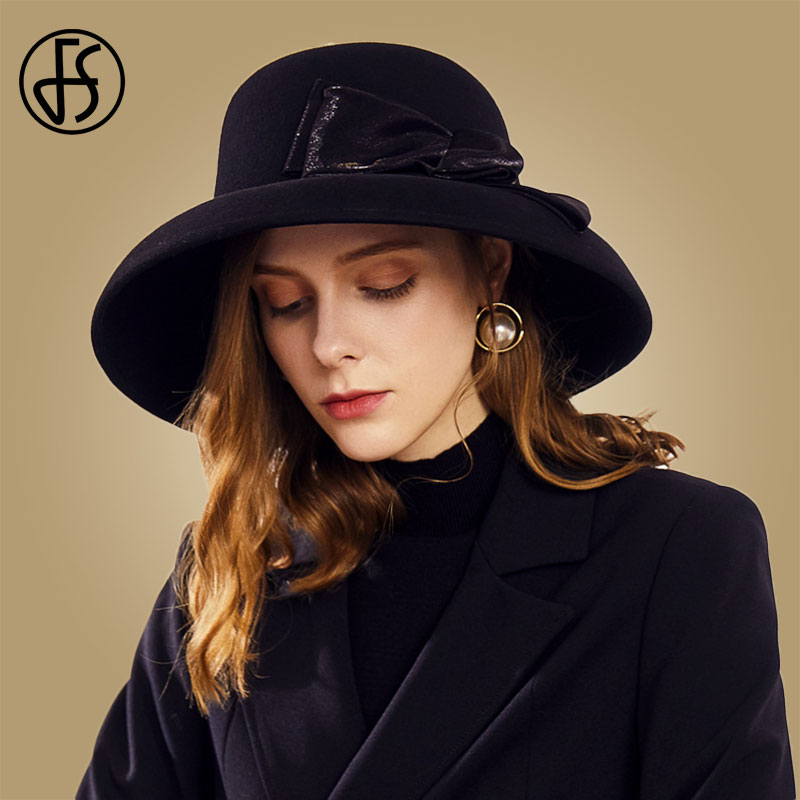 

FS Black Wide Brim Hat For Women Fashion British Wool Fedora Large Felt Hats Bowknot Cloche Big Top Caps Winter Fedora, Black wool fedora