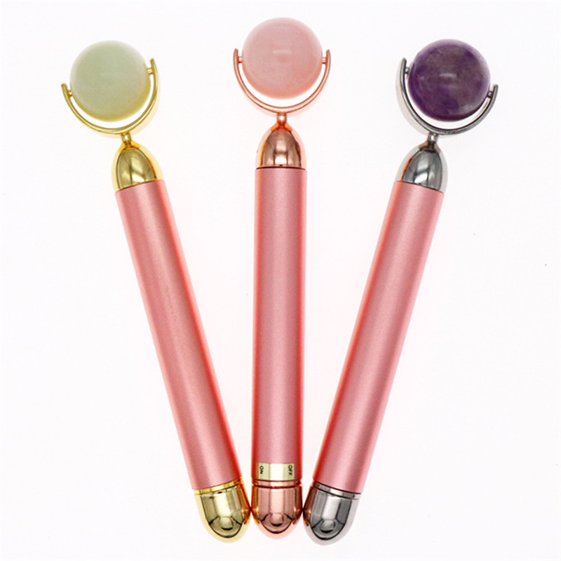 

Rose Quartz Jade Face Roller Massage Ice Globe Vibrating Massager Roller 24K Energy Beauty Bar Mini Facial Skin Care Equipment
