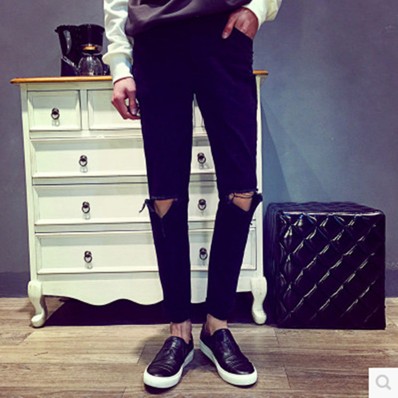 

Fashion 2020 Summer Knee hole jeans Men Strong personality Street City beggar Hip Hop Black Pencil pants Ankle Length Pants
