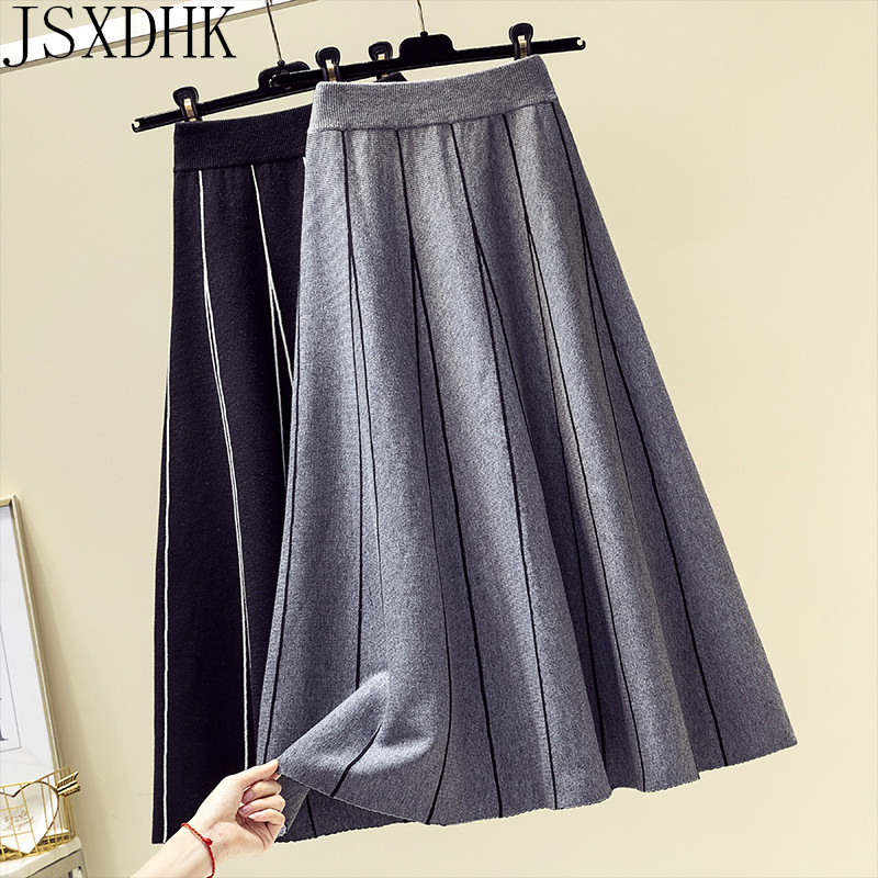 

JSXDHK Knitted Skirt High Quality Winter 2020 New Women's High Waist Elastic Striped Casual Vintage Elegant Medium/Short Dress, Short skirt