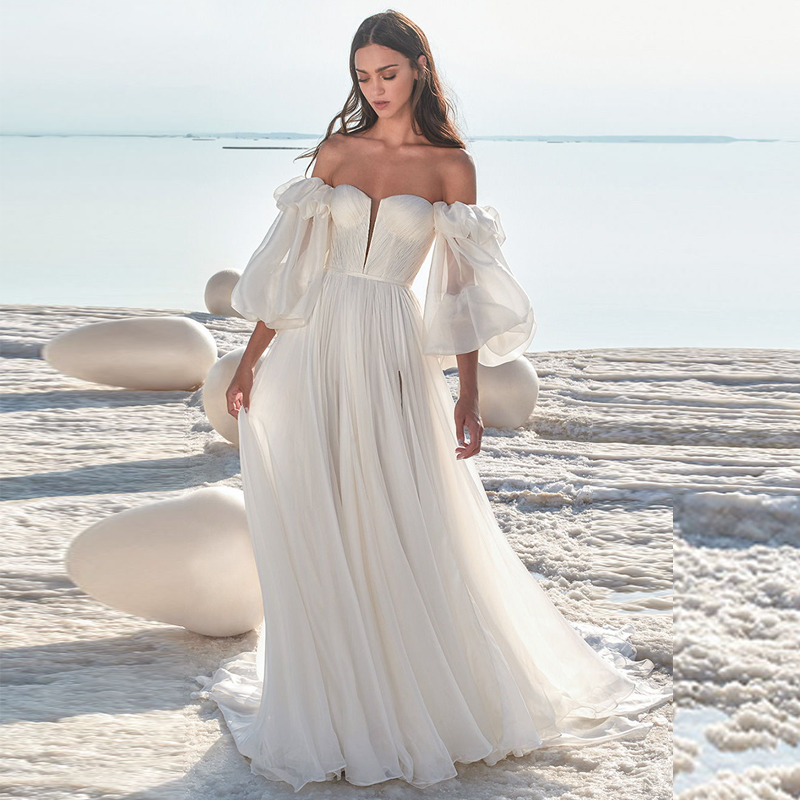 

Verngo Beach Wedding Dress Boho Elegant Long Sleeves Wedding Gowns Backless Chiffon Bride Dress Robe De Mariee, Champagne