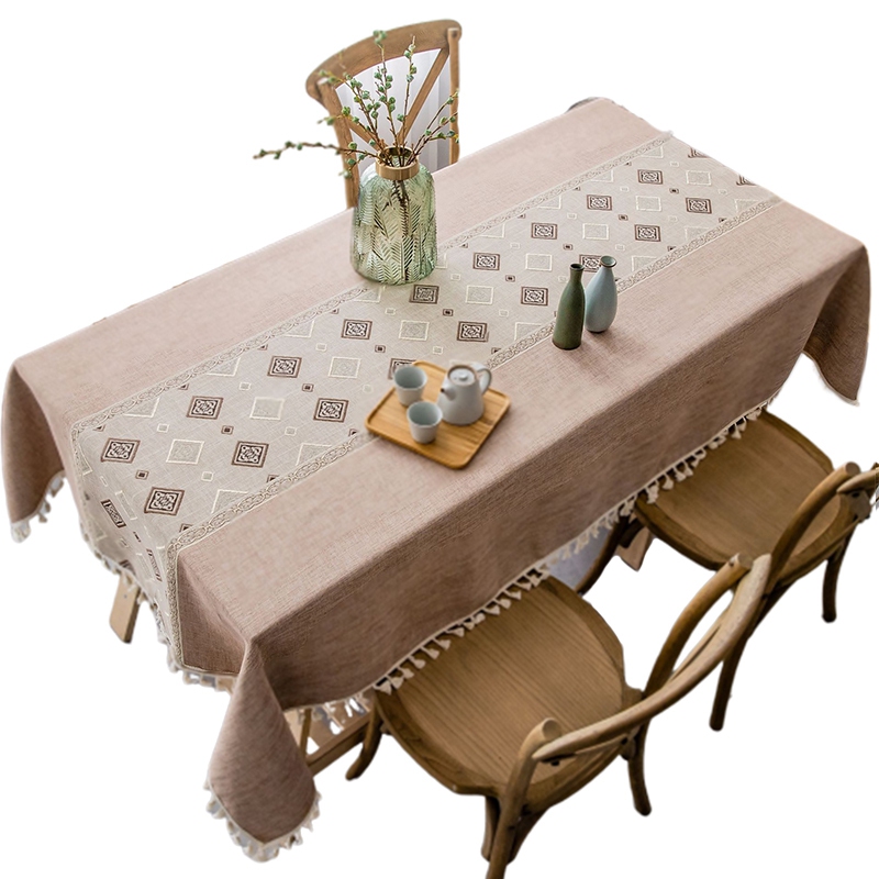 

Luxury Rectangle Tablecloth Upscale Embroidered Relief Painting Pattern Table Cloth Pendant Tassel Christmas Decor Table Cover-B, Brown