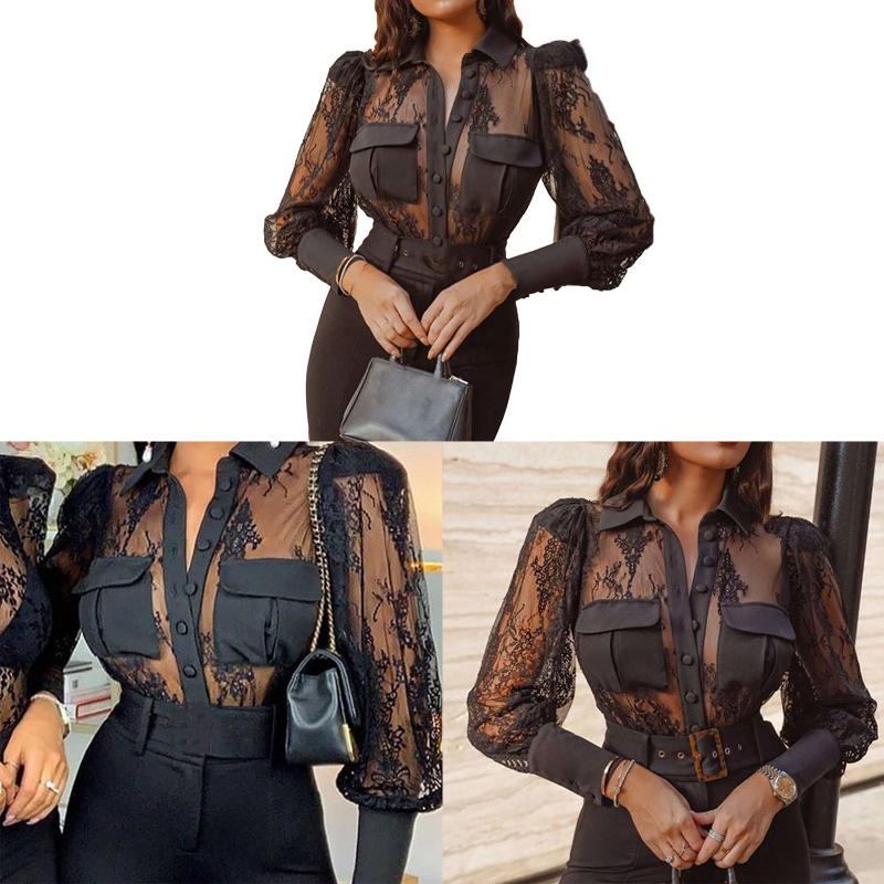 

Sexy Transparent Lace Patchwork Black Shirt Blouse Women Stylish Long Sleeve Mesh Tops Black