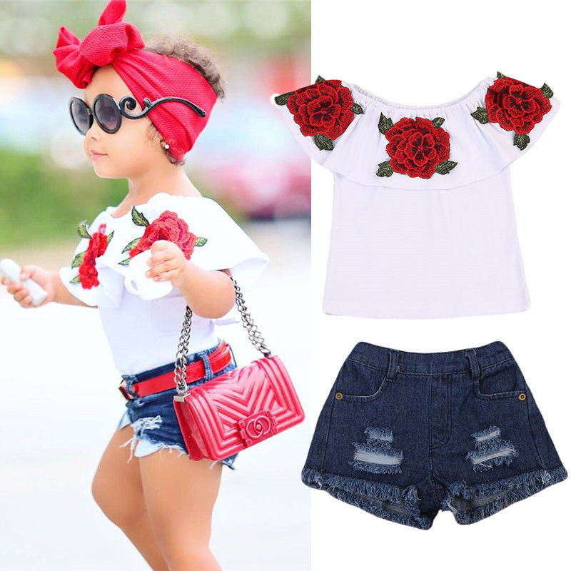 

Baby Girls Clothes Set Summer Fashion Sweet Cute Rose Printed Tops T-Shirt Denim Shorts Set Two-Pieces Suit Summer For Infant, As pic