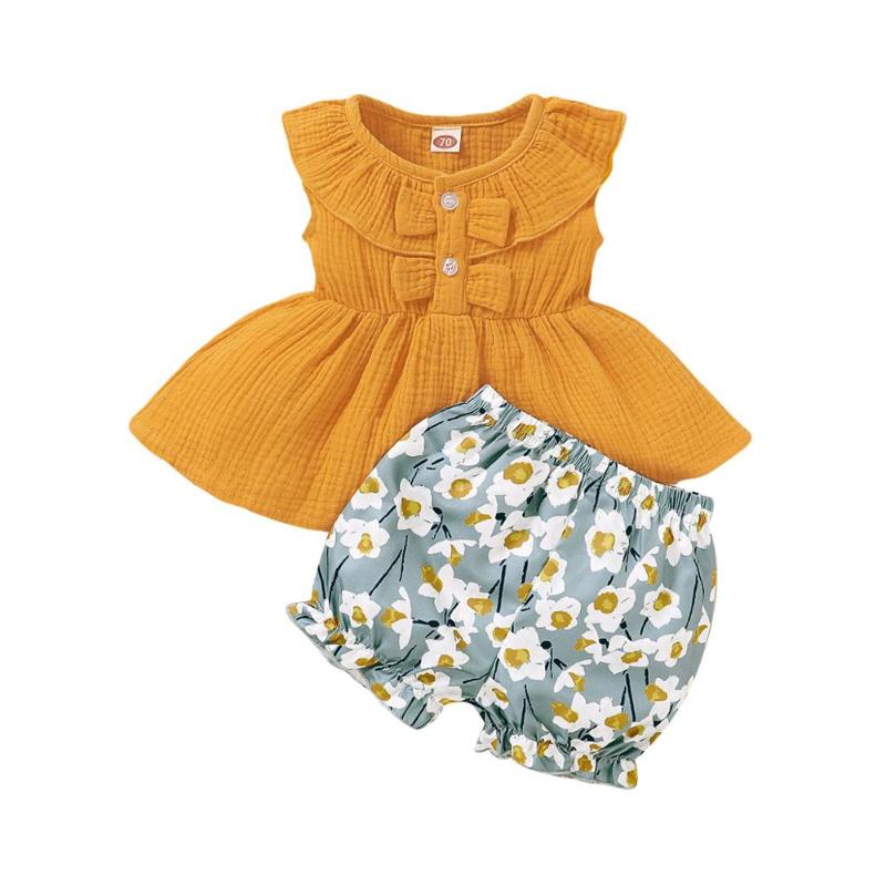 

Baby Girls Cotton Sleeveless top + Flower Printed short pant 2pcs clothes set children outfits, Gold