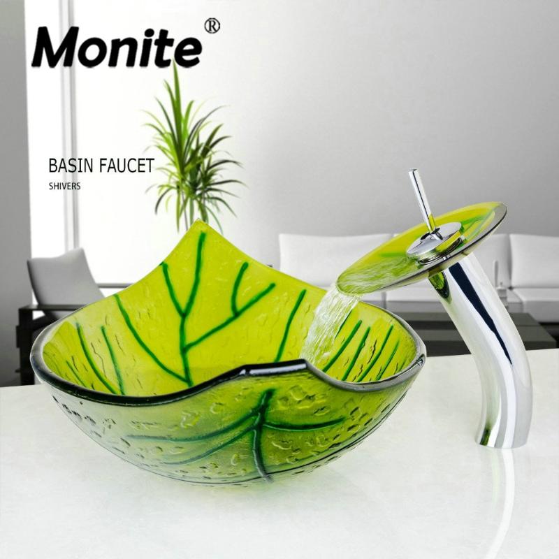 

Monite Green Leaf Hand-Paint Washbasin Tempered Glass Basin Sink Faucet W/ Glass Basin Set W/ Drain for Bathroom