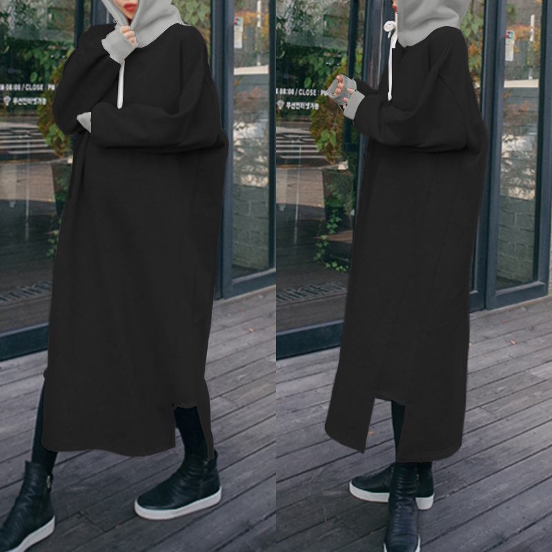 

Plus Size Women's Autumn Sweatshirts ZANZEA 2020 Fashion Hooded Hoodies Dress Long Sleeve Maxi Vestidos Solid Robe, Black