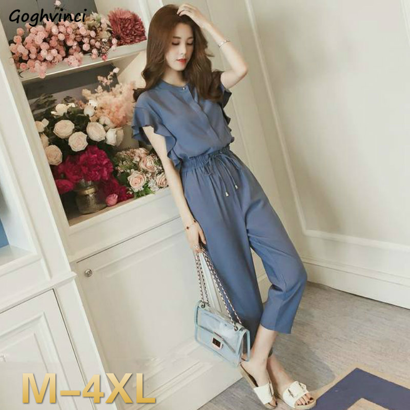 

Women Sets Simple Ruffles Blouses Elastic-waist Straight Loose Calf-length Trousers Elegant Office Ladies Trendy Korean Oversize, Blue sets