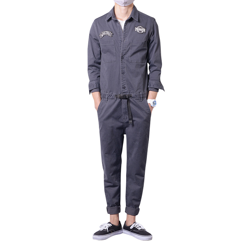 

New Summer Fashion Long Sleeve Mens Rompers Male Single Breasted Jumpsuit Cargo Length Pants Boyfriend Zip Trousers Overalls, Gray