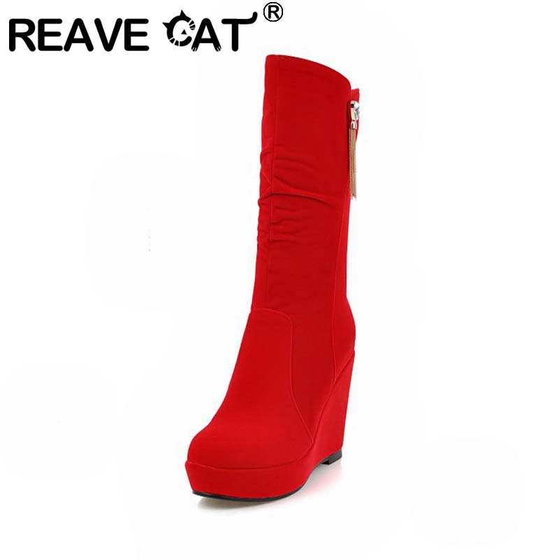 

REAVE CAT Woman Winter Warm fur Mid calf Boots Round Toe Wedges Flock Tassels Zipper Platforms Casual Party Black Red A2776
