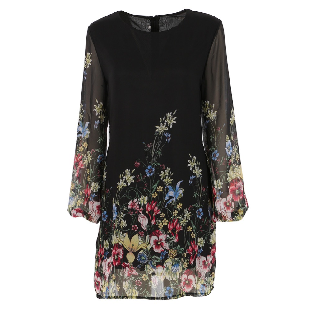 

Blackday Hot Sale Womens Dresses Long Sleeve Chiffon Sweet Simple Dresses Print Floral Causal Beach Mini Dresses New, Black