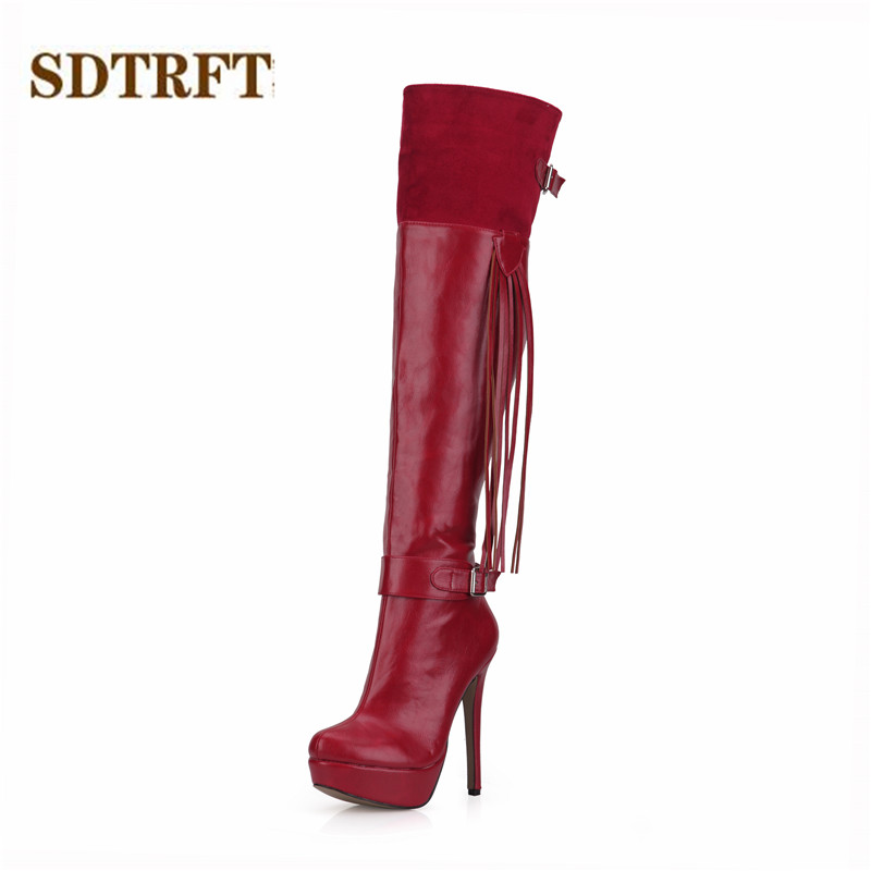

SDTRFT Spring/Autumn New Tassels botas mujer 14cm thin heels Over the Knee boots Sexy Platforms shoes Woman Suede wedding pumps, Red