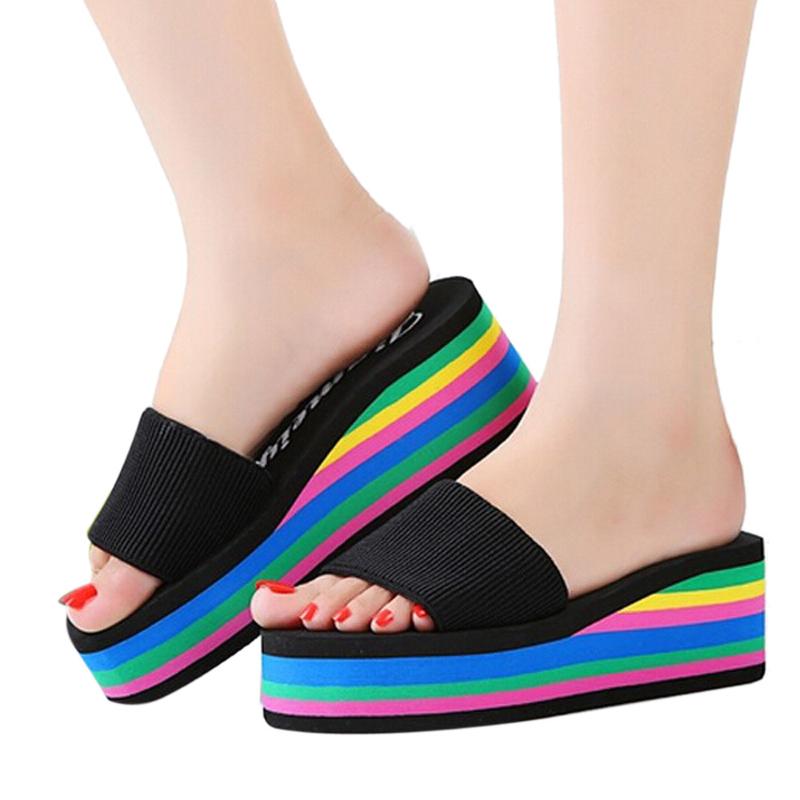 

Fashion Rainbow Shoes Women Summer Non-Slip Sandals Female Beach Slippers EVA Colorful Slippers zapatos mujer Chaussures éponge, Black