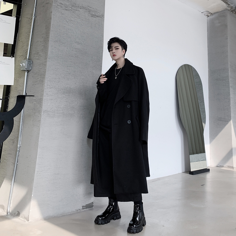 

Men Loose Long Double-breasted Woolen Jacket Windbreaker Male Vintage Streetwear Belt Wool Trench Coat Overcoat Autumn Winter, Black