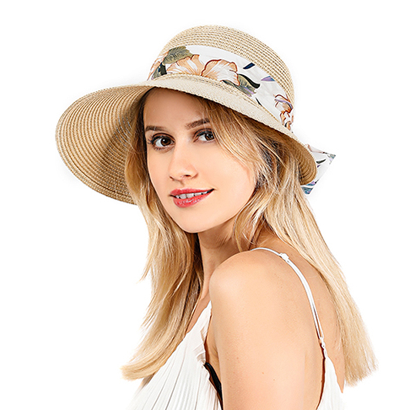 

Women Raffia Straw Hat Bow Ribbon Brim Beach Sun Hat Summer Cap Loose Sunscreen Sunshade Dome Cap With Floral Print Tape, White