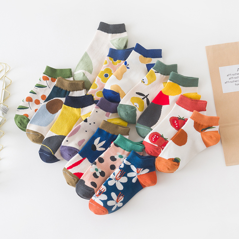 

1 Pair Female Boat Socks Fruit Flower Jacquard Cute Socks Happy Pure Cotton Ankle Funny Women Summer Casual Wholesale, Cute 03