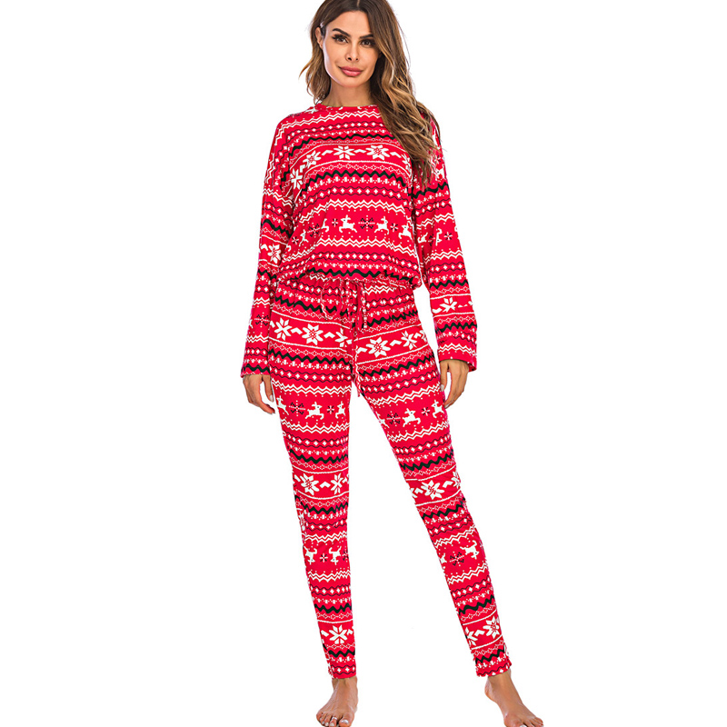

2021 Women Christmas Two Piece Clothes Sets Long Sleeve Top + Pants 2Pcs Xmas Snowflake Print Fall Autumn Home Wear, A red