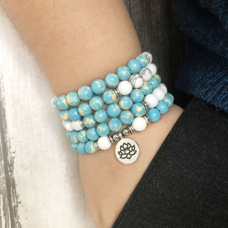 

5 wraps bracelets For men Yoga Buddha Lotus Charm bracelet 108 Prayer mala wrist Howlite & blue j-asper beaded bracelet